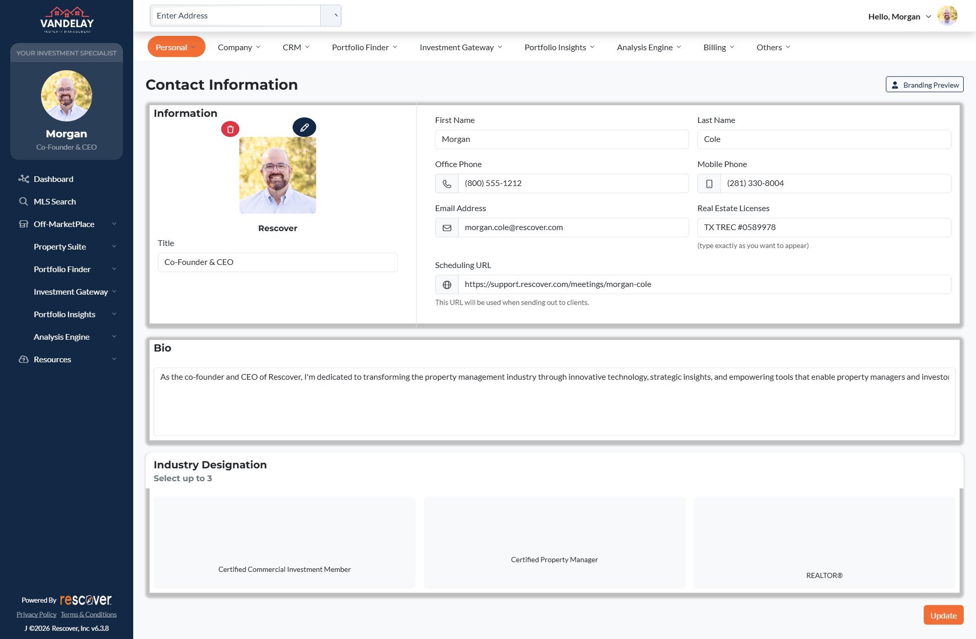 Settings → Personal → Contact Information page in Rescover, showing the profile photo, name fields, contact info, license, scheduling URL, and bio.