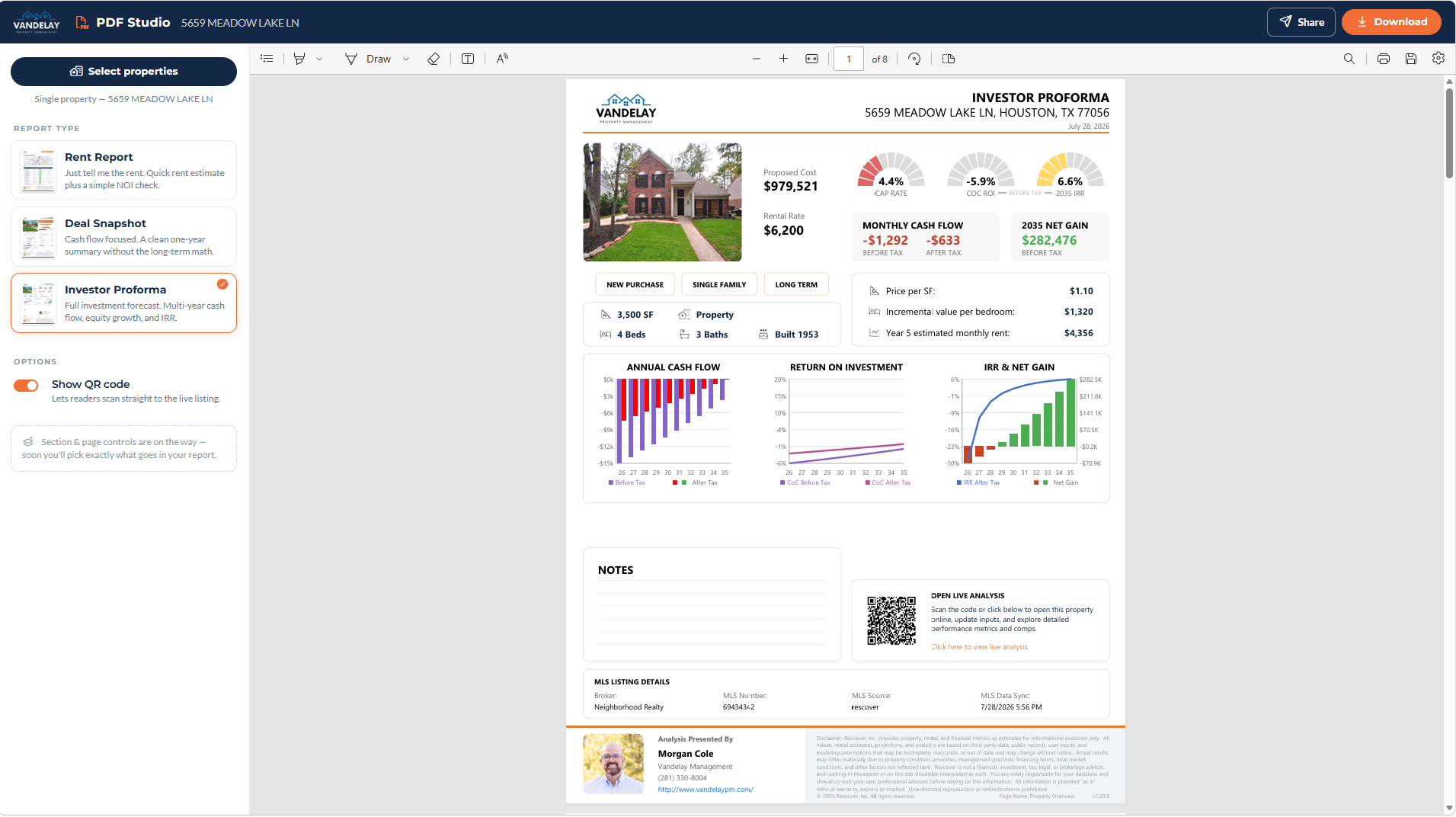 PDF Studio: report types on the left, a live branded Investor Proforma preview on the right