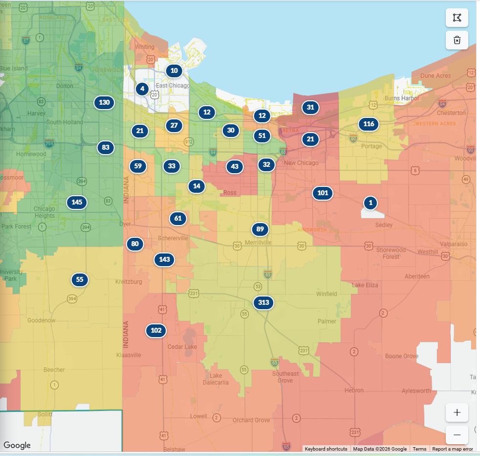 Map view with every ZIP code colored green to red by investment strength
